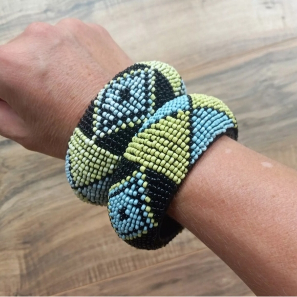 Forever 21 Jewelry - Forever 21 Seed Beaded Tribal Pattern Chunky Bangle Bracelets Set Of 2